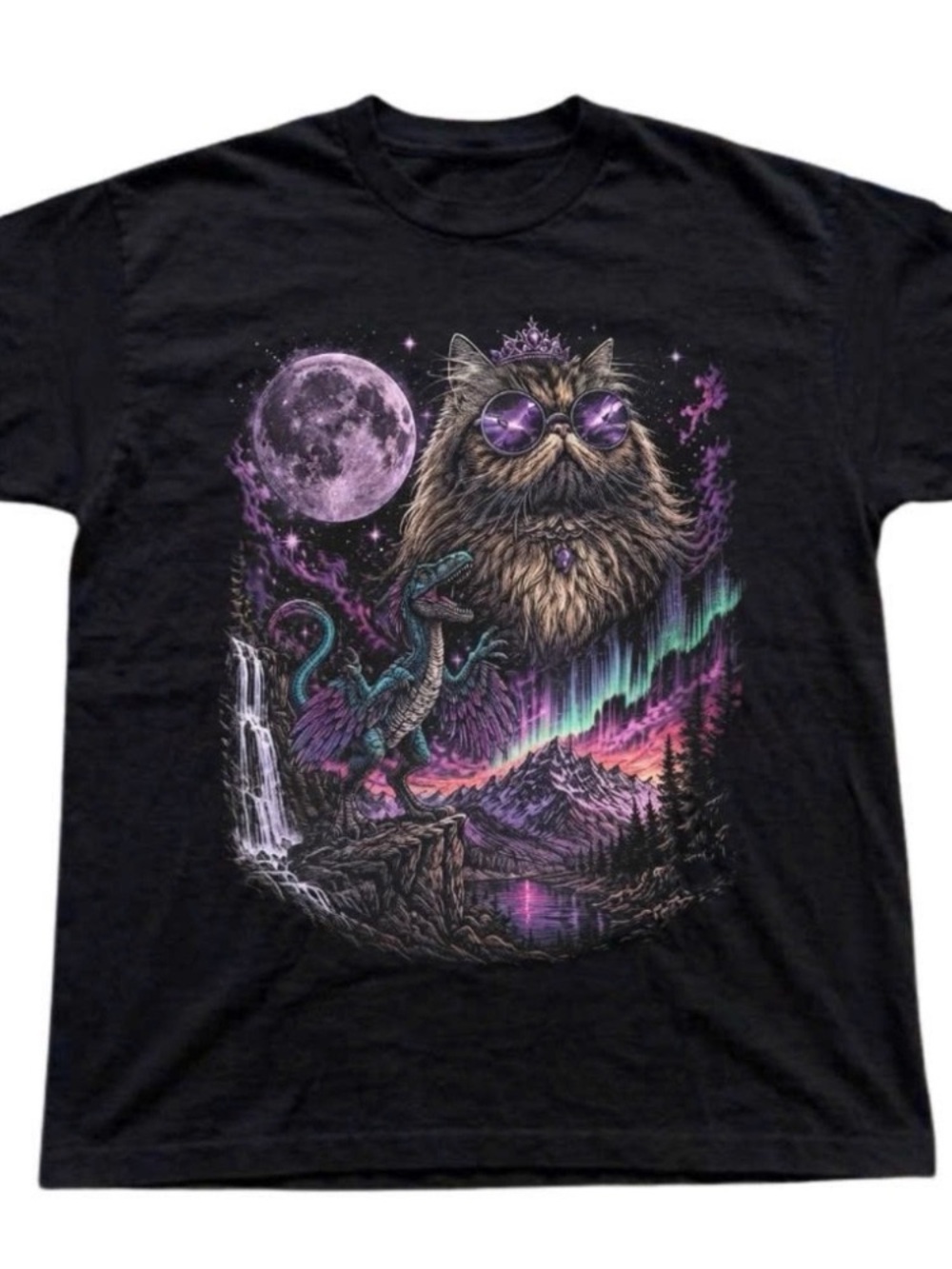 Black Tee with Purple Cat, Teal Aurora & Pink Moon Graphic